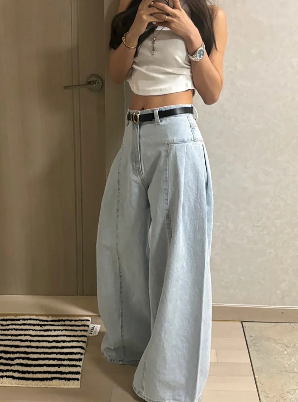 Jeans Spring Summer Long Wide Leg Pant Women High Waist Fashion Casual Korean Style Ladies Trousers Loose Pleated Woman Pants