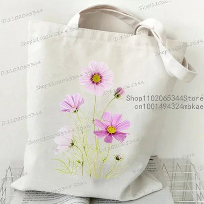 Fashion Canvas Tote Bag Oil Painting Wildflowers Print Lady Shoulder Shopping Bag Plant Style Daisy Vintage Flower Women Handbag