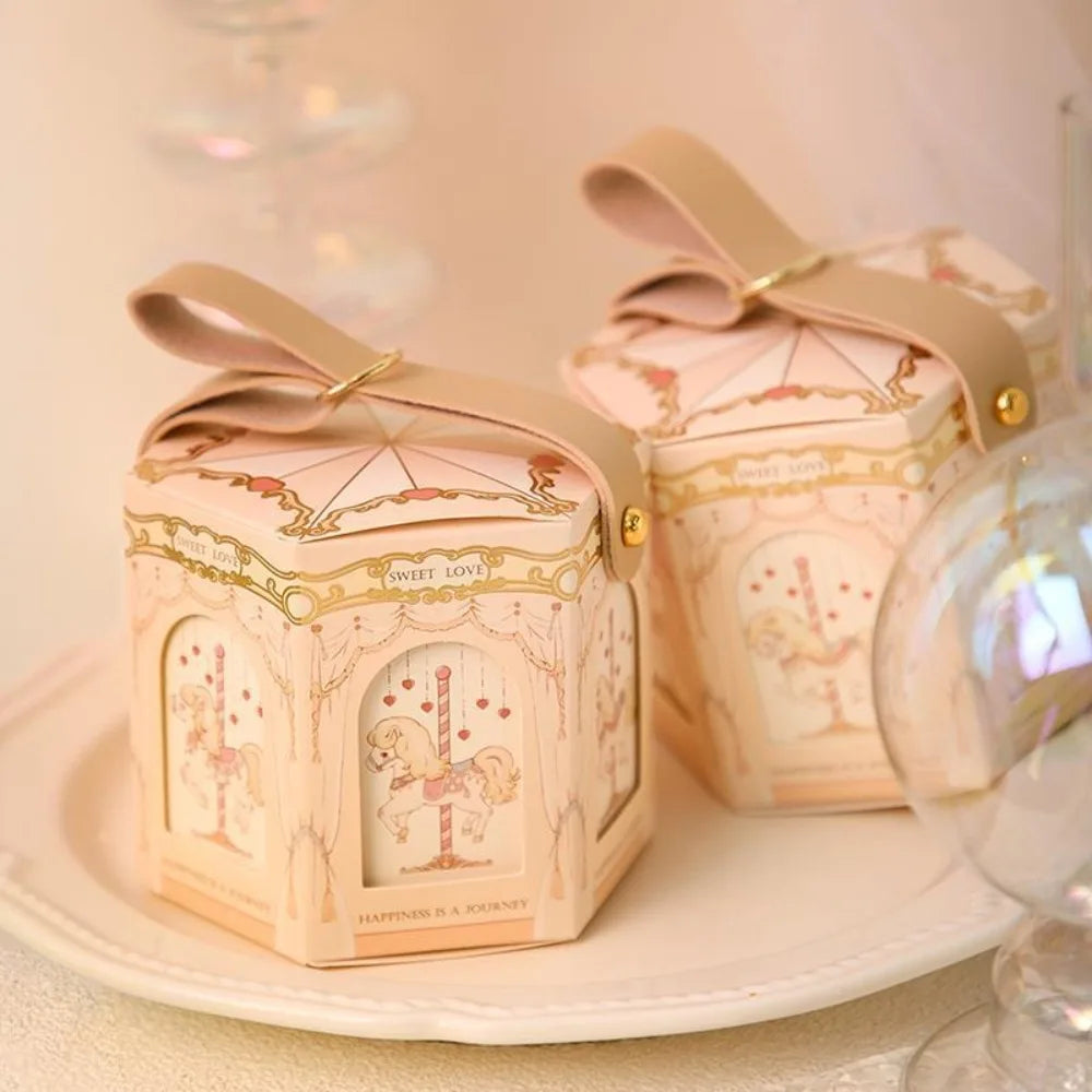Beautiful Carousel Gift Box Leather Handle Wedding Candy Box Elegant Handheld Gift Bag Birthday Candy Tote Bag Decoration