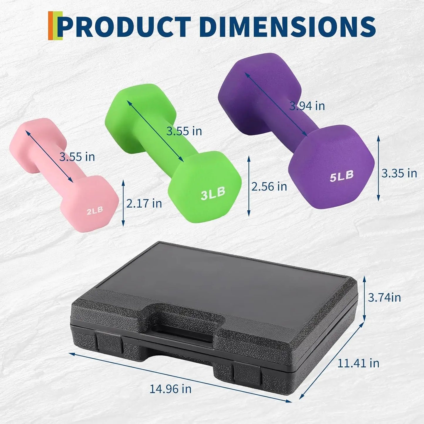 3 Pairs Non-Slip Anti-Roll Hex Dumbbell Set with Storage Box Neoprene Coated Plastic Steel Adjustable Dumbbells for Home Fitness