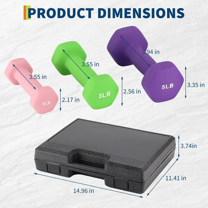 3 Pairs Non-Slip Anti-Roll Hex Dumbbell Set with Storage Box Neoprene Coated Plastic Steel Adjustable Dumbbells for Home Fitness
