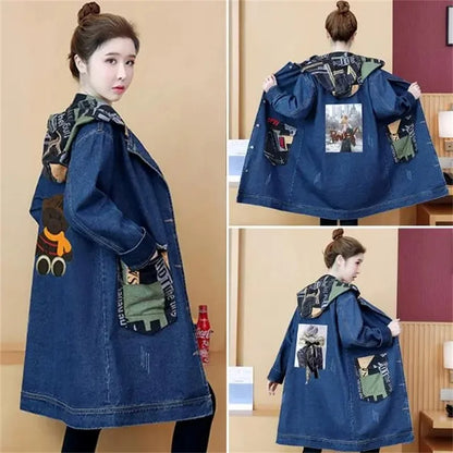 2025 Spring Autumn Denim Jacket Women Hooded Windbreaker Cartoon Printed Coat Long Outerwear Female Oversize 5XL Loose Overcoat