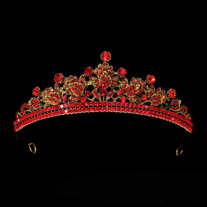 Luxury Red Rhinestone Bridal Tiara Headband Baroque Crystal Grand Crown For Women Banquet Jewelry Hair Accessories