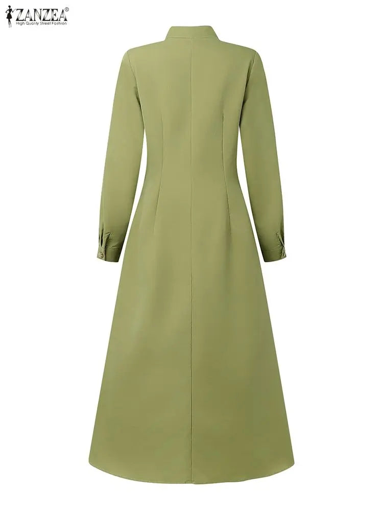 Women's Elegant A-Line Midi Dresses ZANZEA Casual Mock Neck Long Sleeve Button Up Long Dress 2025 Autumn Woman Clothing S-3XL