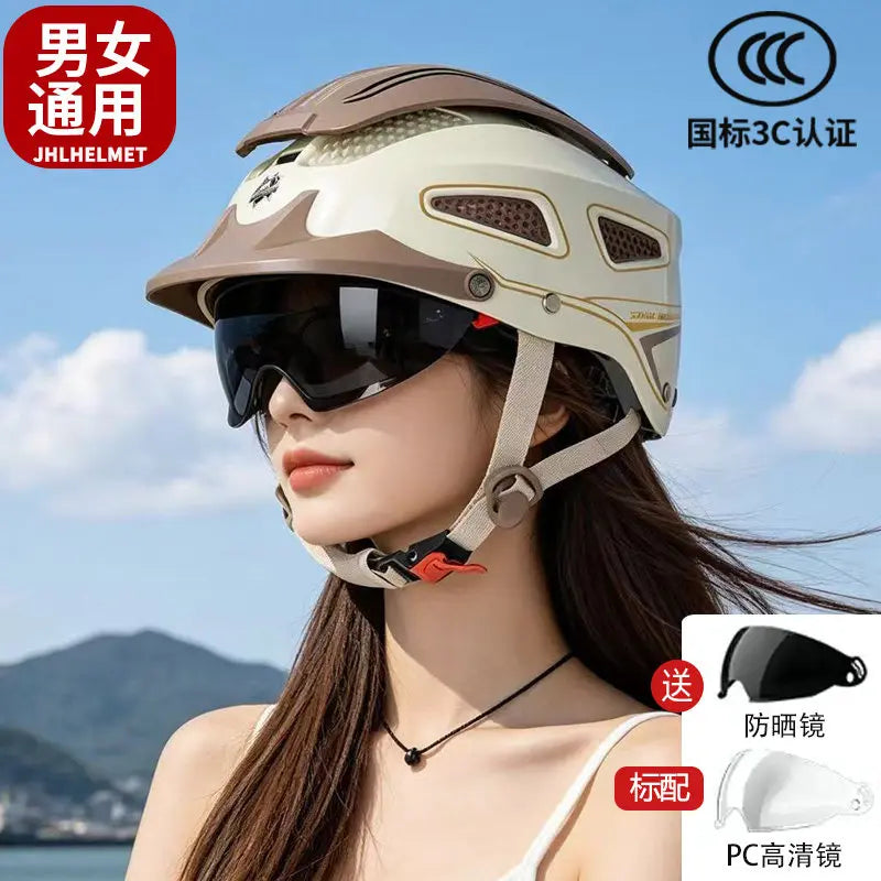 Electric Motorcycle Helmet Breathable Sun Protection Double Lens Safety Helmet Cooling and Rainproof Equipment