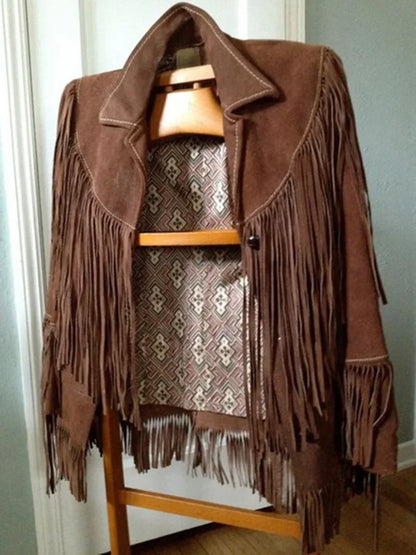 Casual Suede Leather Jacket Brown Lapel Pocket Fashion Woman Single Button Long Sleeve Tassel Coat Lady Spring Street Outwear