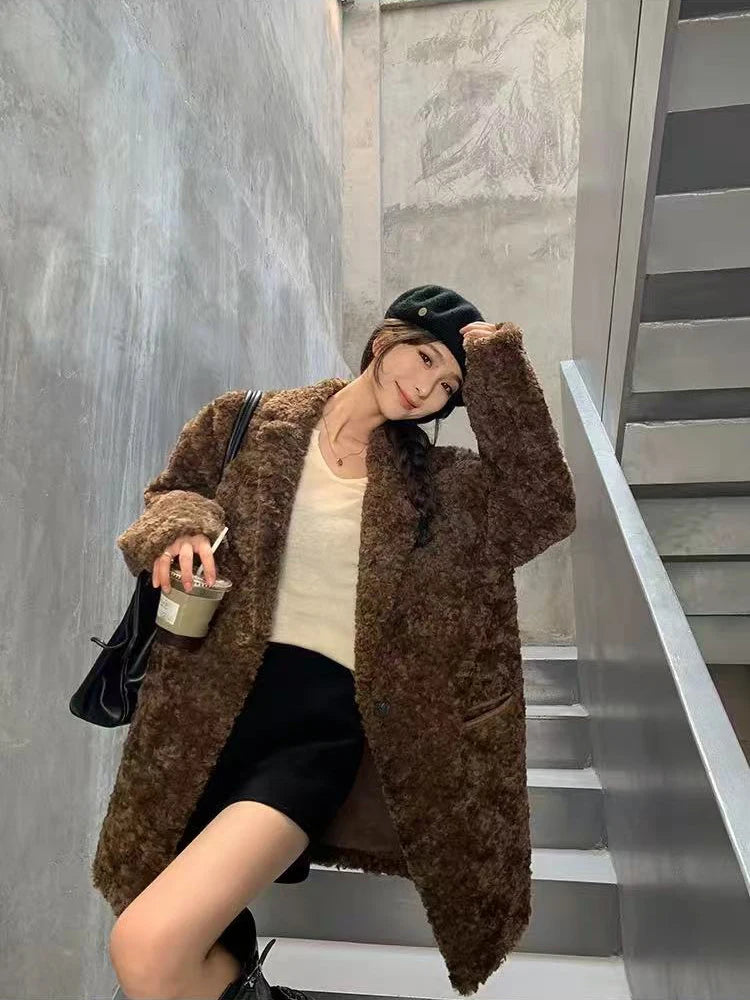 Autumn Faux Lambs Women Coats Y2K Winter Plush Thick Warm A Button Casual Jacket Korean Streetwear All Match Hairy Outerwear