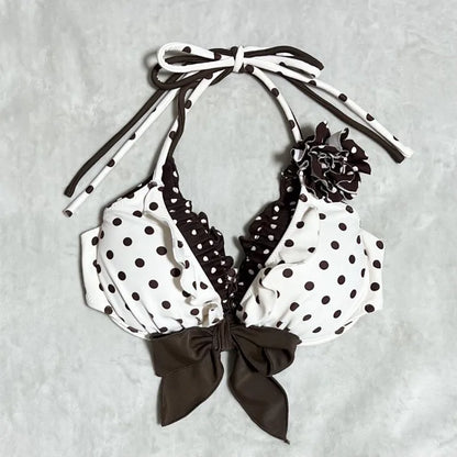 American INS Style New Cute Swimsuit Summer Fashion Sexy Halterneck Polka Dot Bow Tie Top Skirt Beach Y2k Three-piece Sets 2025