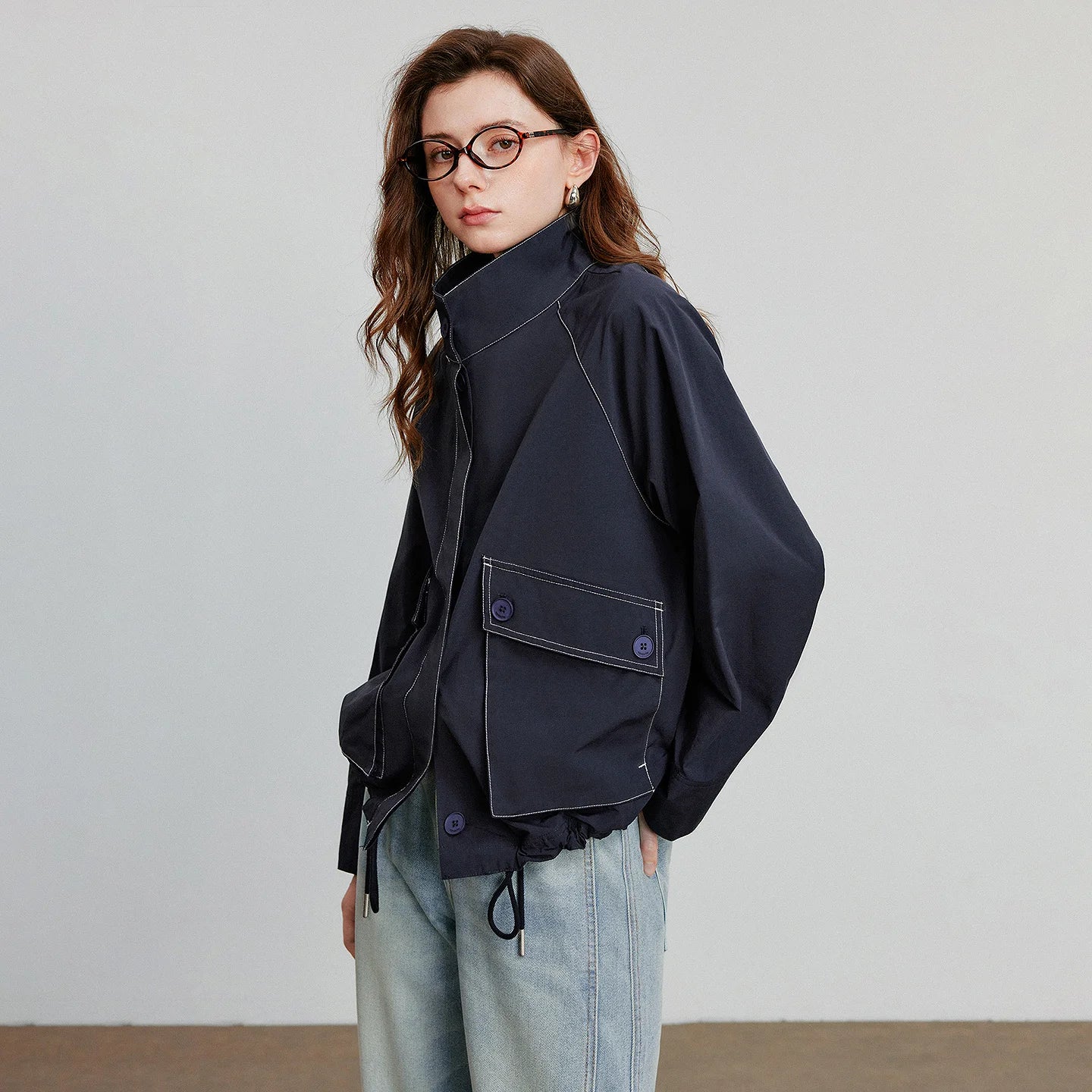 TOYOUTH Women Jacket Coat 2025 Autumn New Barn Style Workwear Large Pocket Stand up Collar Single Breaste Button Outwear Coat