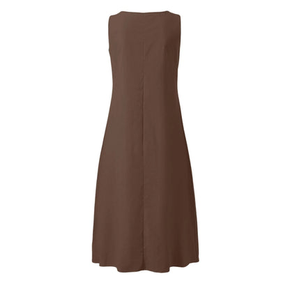 Women's Summer Casual V-neck Button Solid Color Sleeveless Long Dress With Pockets Female Elegant Trendy Casual Loose Dresses