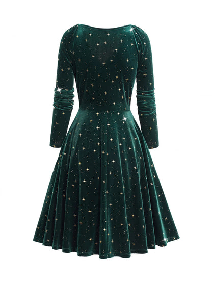 European and American fashion women's dress decorated with star print wrapped in elastic shoulder velvet long sleeve dress