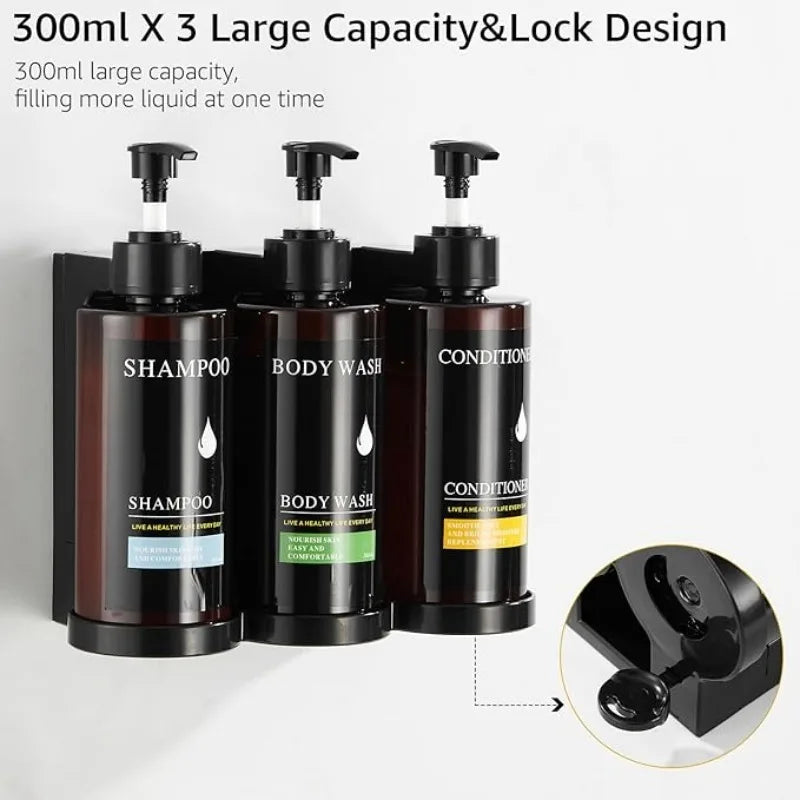 Soap Dispenser Set No Drill Wall Mounted 3 Chamber Shampoo Shower Gel Liquid Soap Dispenser for Bathroom Hotel Commercial Use