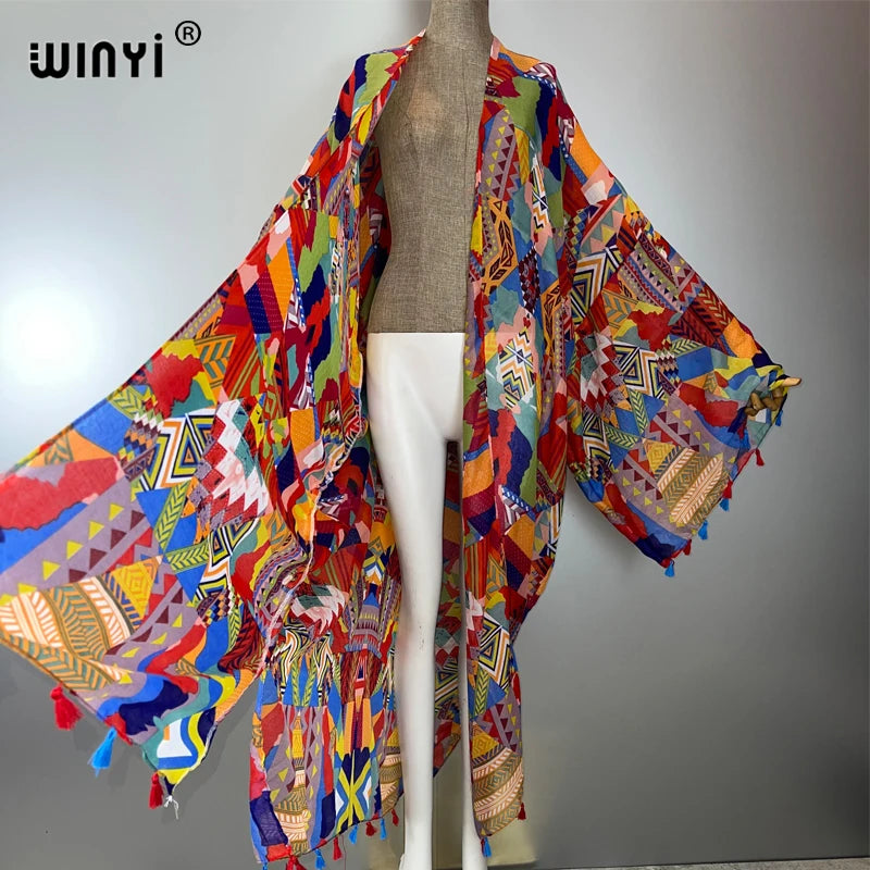 WINYI bohemian kimono print Women coat Loose tassels Long Dress beach Holiday Swimming Cover Up party dresses luxury dubai abaya