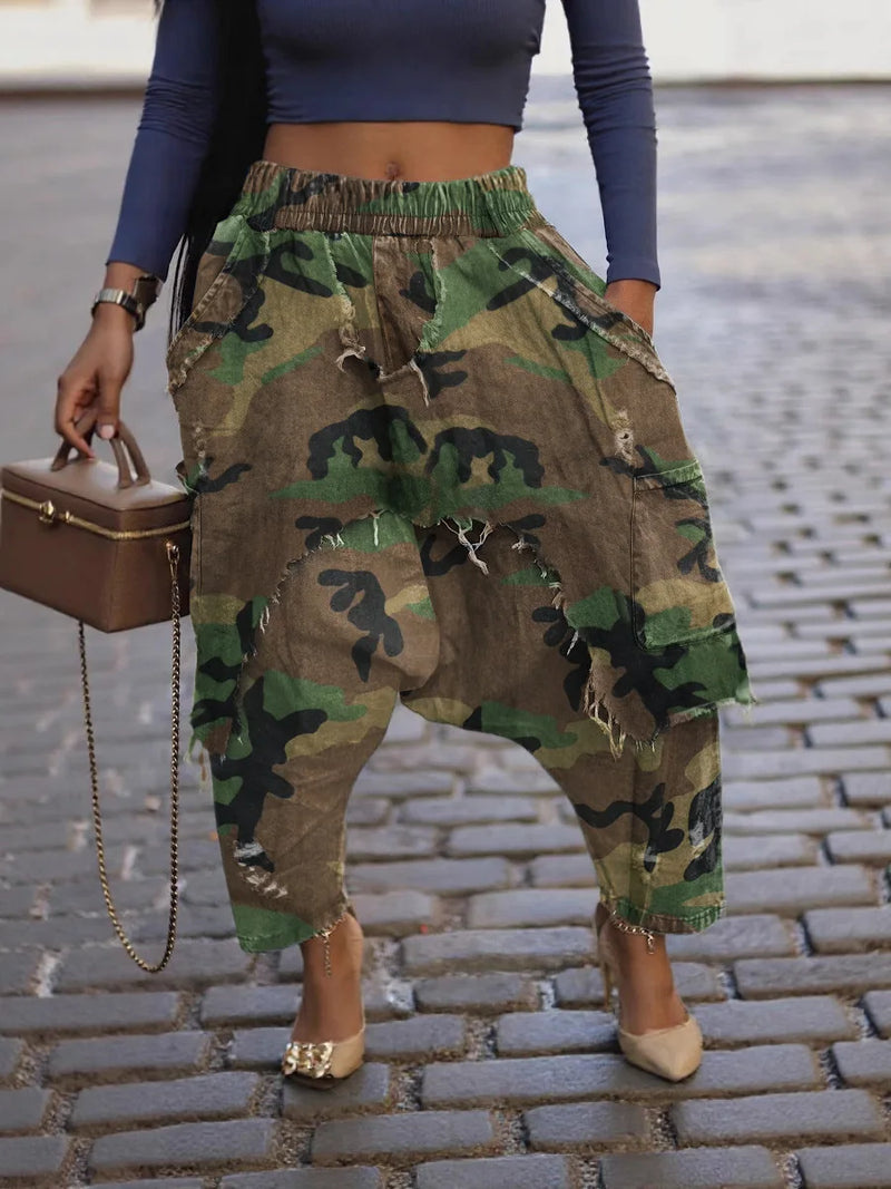 Streetwear Camouflage Harem Pants Sexy Women High Street Ripped Camo Fashion Trousers