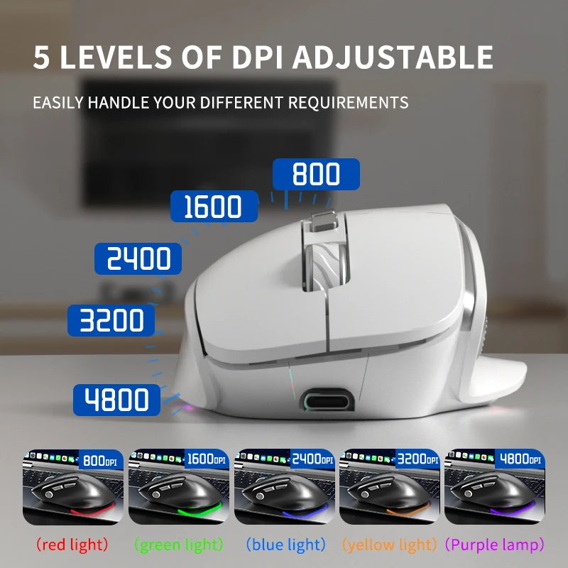 Lenovo 3 Mode Wireless Mouse Bluetooth 5.3+2.4G+Wired Ergonomic RGB Gaming Mouse with Macro Keys Rechargeable for Office Gaming
