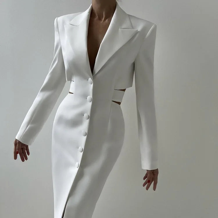 VGH High Street Hollow Out Tunic Dresses for Women Notched Collar Long Sleeve High Waist Spliced Button Temperament Dress Female