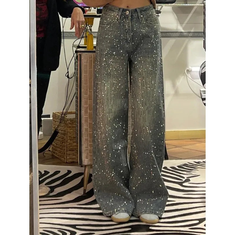 Summer Women Retro American Washed Rhinestone Denim Pants Full Sky Star Heavy Duty Millennium Spicy Girl Wide Leg Long Trousers