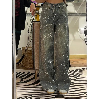 Summer Women Retro American Washed Rhinestone Denim Pants Full Sky Star Heavy Duty Millennium Spicy Girl Wide Leg Long Trousers