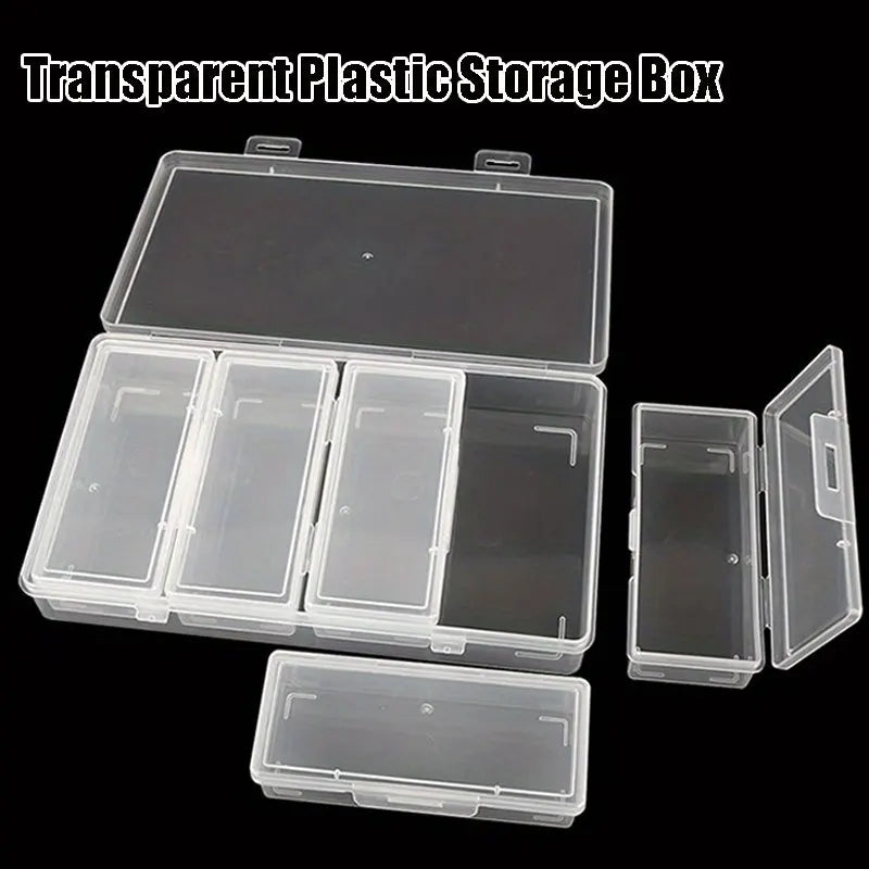Each set contains 4 to 12 rectangular plastic storage boxes with hinged lids. They are transparent, portable and multifunctional