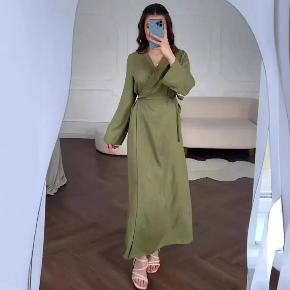 New Summer Women Dresses Solid V-Neck High Waist Casual Lace Up One Piece Cotton and Linen Long Dress Maxi Dresses With Belt