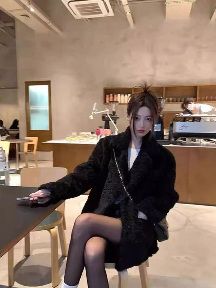 Autumn Faux Lambs Women Coats Y2K Winter Plush Thick Warm A Button Casual Jacket Korean Streetwear All Match Hairy Outerwear