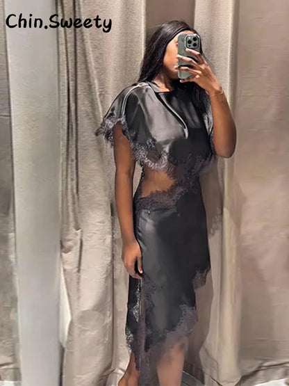 Elegant Satin Spliced Lace Long Dress Women Hollow Out O-neck Short Sleeve Asymmetric Dresses 2026 Spring Lady Chic Party Robes