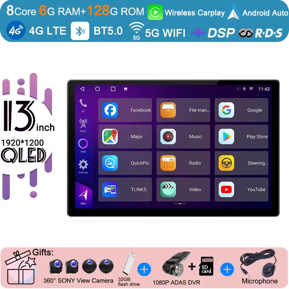 13 inch Android 15 Carplay Auto Car Radio For Ford Transit Custom 2013-2018 Multimedia Video Player Navigation Stereo GPS Audio