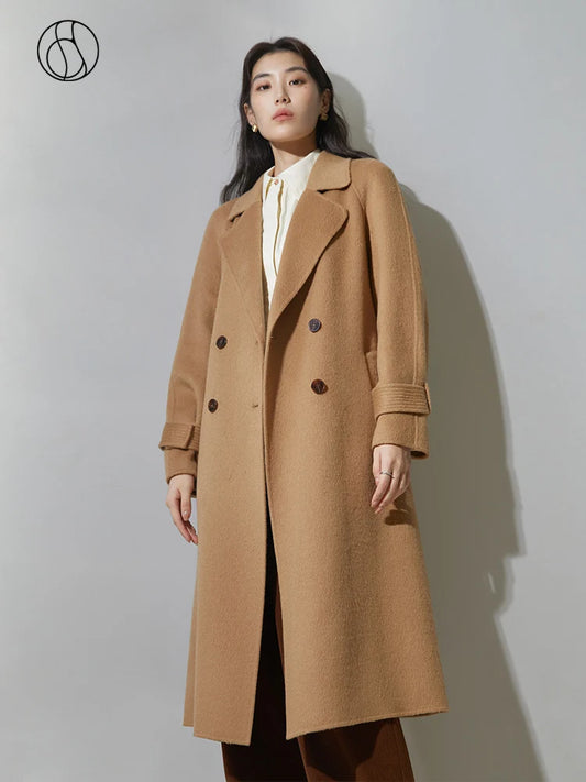 DUSHU 100% Wool Temperament Camel Color Women Long Double Breasted Woolen Coat Raglan Sleeve Belt Design Female Wool Jackets