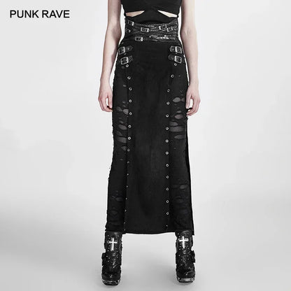 PUNK RAVE Women's Gothic Sexy Black Skirts Punk Rock Copslay Stage Personality Hip Hop Streetwear Long High Waisted Split Skirt