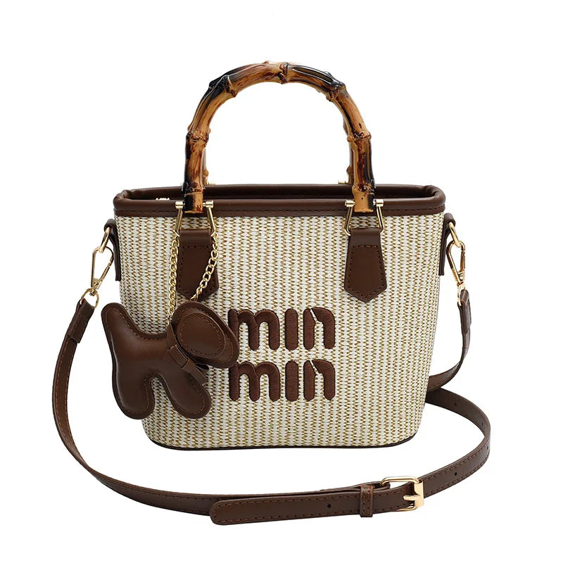 Women's Crossbody Bag Bamboo Fiber Woven Basket Bag Water Bucket Bag Zipper Closure, Versatile for Casual & Formal Occasions