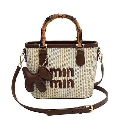 Women's Crossbody Bag Bamboo Fiber Woven Basket Bag Water Bucket Bag Zipper Closure, Versatile for Casual & Formal Occasions