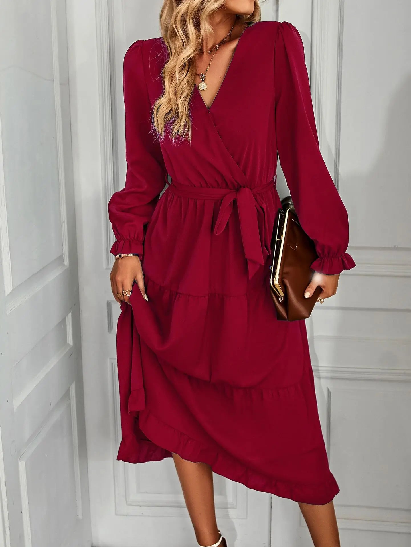 Women's Long Puff Sleeve V Neck Casual Dress Autumn New Fashion Long Sleeve Dress Elegant Fashion Spring Summer Streetwear