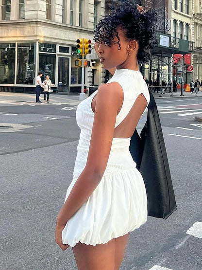 Summer Elegant Knitting Sleeveless Backless Short Bubble Ball Women'S Dresses Elegant Evening Casual Clothing Y2K Streetwear