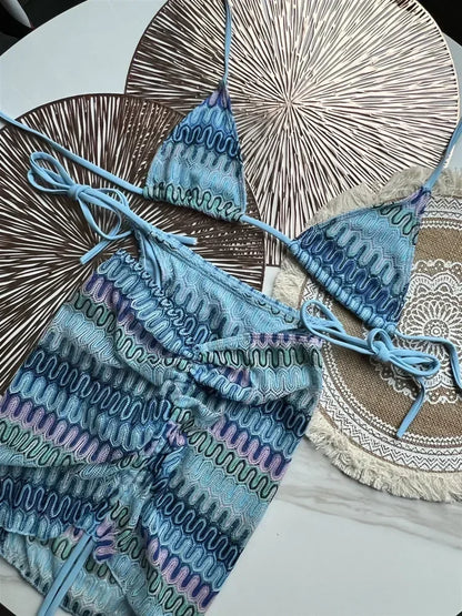 2025 Women Swimsuit Colored Maple Leaves Knitted Bikini Skirt Three-Piece Set Split Swimsuit Bikini