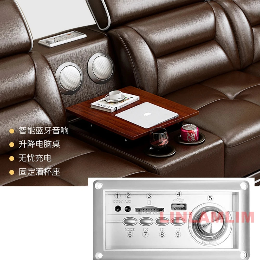 Modern L-Shaped Genuine Leather Sectional Sofa with Chaise Lounge, Adjustable Headrests, USB, Bluetooth Speaker & Cup Holder