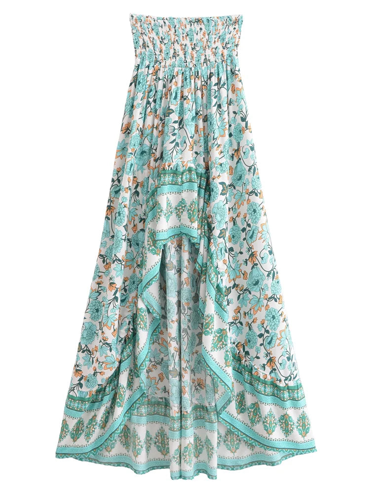 Vintage Chic Fashion Women Floral Print  High Low Beach Bohemian Skirt Elastic Waist Irregular Sexy Maxi Boho Skirts Femme