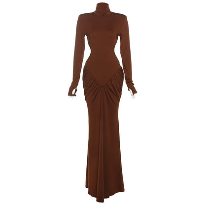 Weird Puss Backless Maxi Dress Women Long Sleeve Shoulder Pads Waistless Peach Buttocks Ruched Elegant Banquet Skinny Vestidos