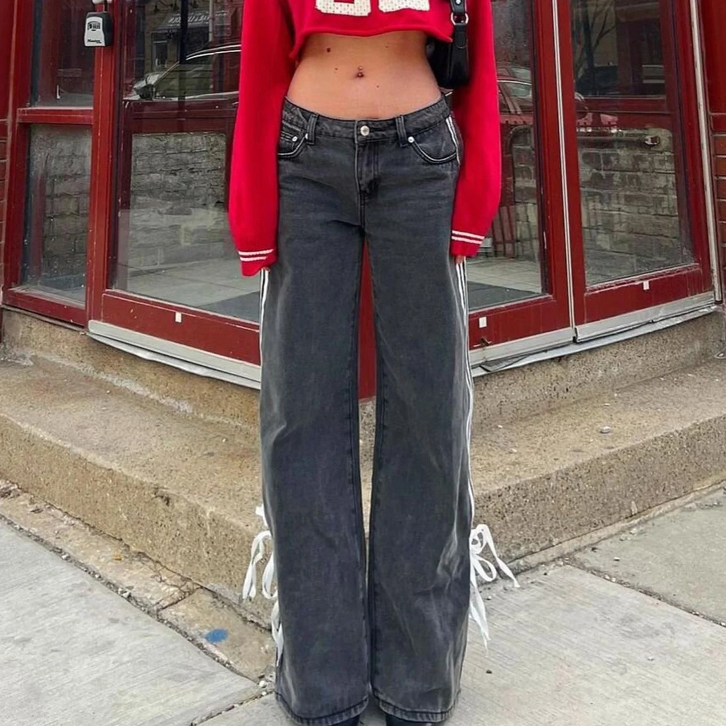 Women Vintage y2k Side Striped Bow Tie Jeans Boyfriend Low Rise Baggy Straight Wide Leg Jeans Casual Loose Fit Denim Pants