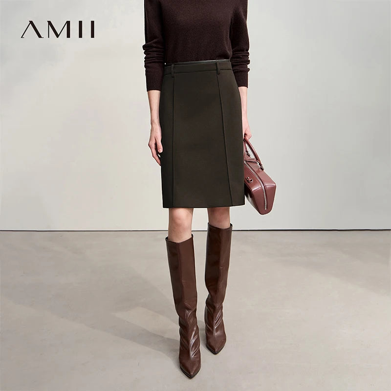 AMII Minimalist Skirts For Women 2025 Winter New Straight Solid Knit Midi Skirt Patchwork Leather Casual Woman Clothes 12524092