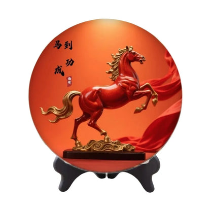 Horse Year Decorative Paintings Ornament Round Good Luck Desktop Ornament Wooden Funny Home Decor Ornament TV Cabinets