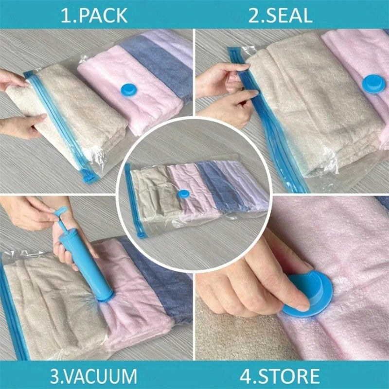 2/3/7 Pcs Vacuum Storage Bags for Clothes/Duvets, Heavy Duty with Hand Pump, Space Saver, Airtight, Reusable, Travel, Packing Cu
