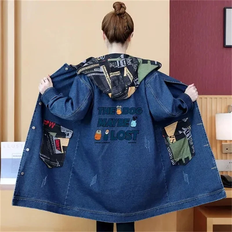 2025 Spring Autumn Denim Jacket Women Hooded Windbreaker Cartoon Printed Coat Long Outerwear Female Oversize 5XL Loose Overcoat
