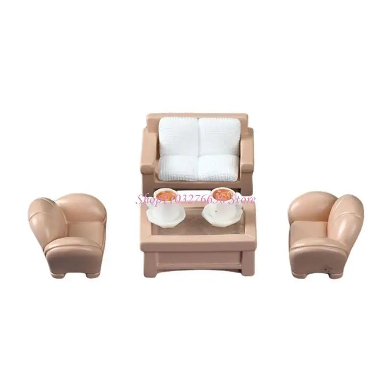 R6FD Dollhouses Living Room Furniture Sofa Set with Coffee Cup and Table Display Props