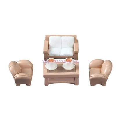 R6FD Dollhouses Living Room Furniture Sofa Set with Coffee Cup and Table Display Props