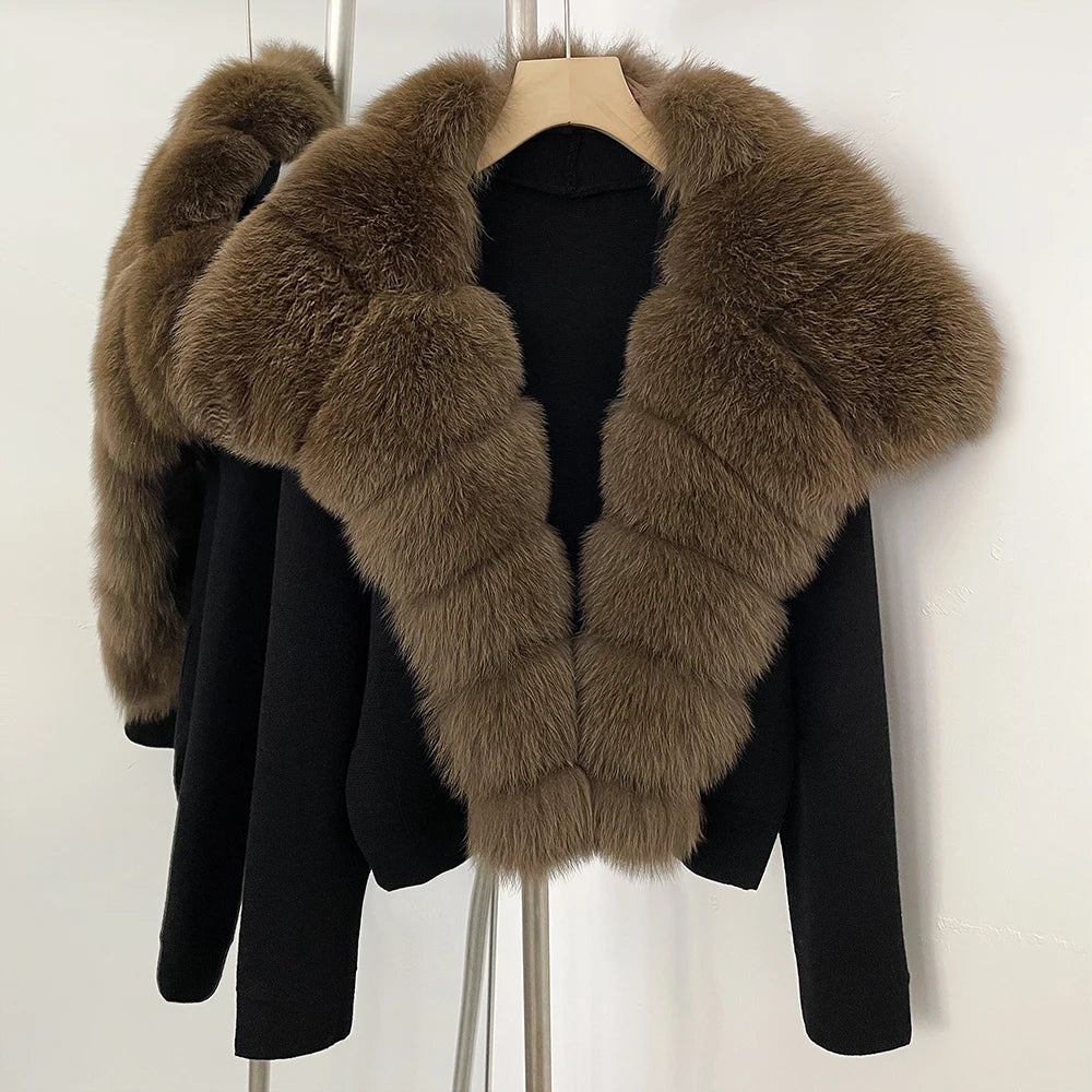 Elegant Knitted Cardigan Women's Sweater Knitting Jacket with Fur and cuffs Knitted Women's Long Sleeve Top Short Sweater