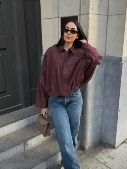 Vintage Faux Suede Short Jackets For Women Zipper Fashion Loose Bomber Jacket Coat Autumn Winter 2025 New Chic Casual Outerwears