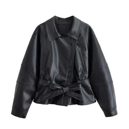 HH Women Vintage Motorcycle Jacket With Belt Faux Leather Trench Coat Long Sleeve Lapel Zipper Jacket Autumn High Street Outwear