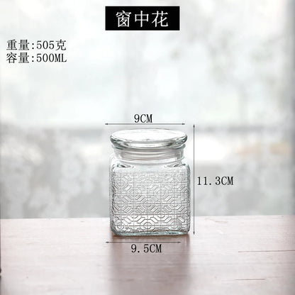 Retro Transparent Glass Sealed Jar Glass Lid Storage Jar Begonia Flower Glass Bottle Candy Storage Jar Kitchen Storage Supplies