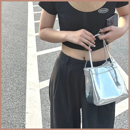 Sparkling Silver Mini Drawstring Bucket Bag, PU Glittery Crossbody Handbag with Wallet for Women