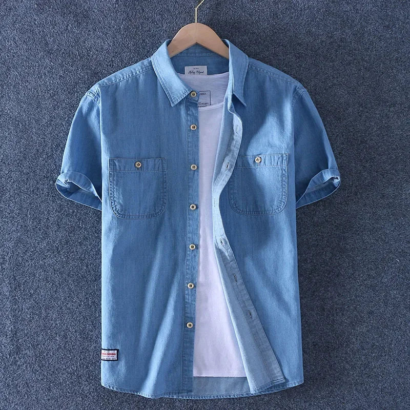 Schinteon Summer Men 100% Slub Cotton Shirt Short Sleeve Thin Slim Casual Denim Comfortable Shirt Two Front Pockets